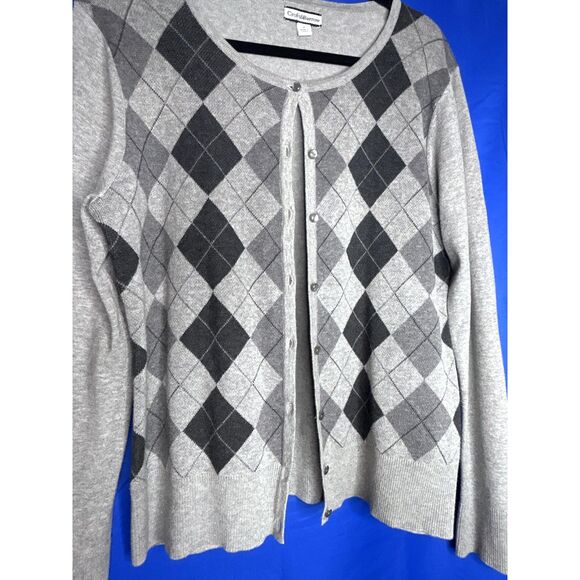 Women's Gray Argyle Long Sleeve Cardigan Sweater Twee Preppy Teacher Academia L - Picture 3 of 8